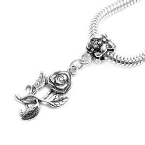 LOVELY ROSE AND LEAVES CHARM WITH EURO BEAD IN STERLING SILVER